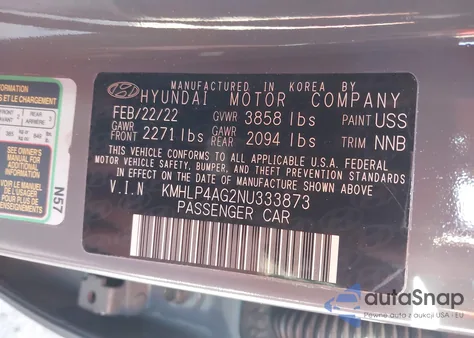 2022 Hyundai Elantra Limited z USA, uszkodzony, nr VIN KMHLP4AG2NU333873